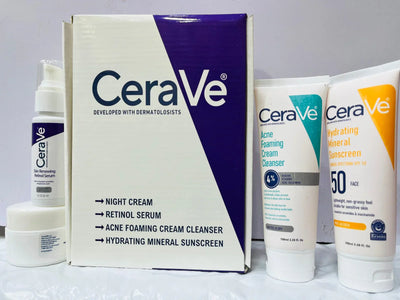 Cerave 4 In 1 Skincare Kit Night Cream, Sunblock, Cleanser & Serum, for Radiant Skin