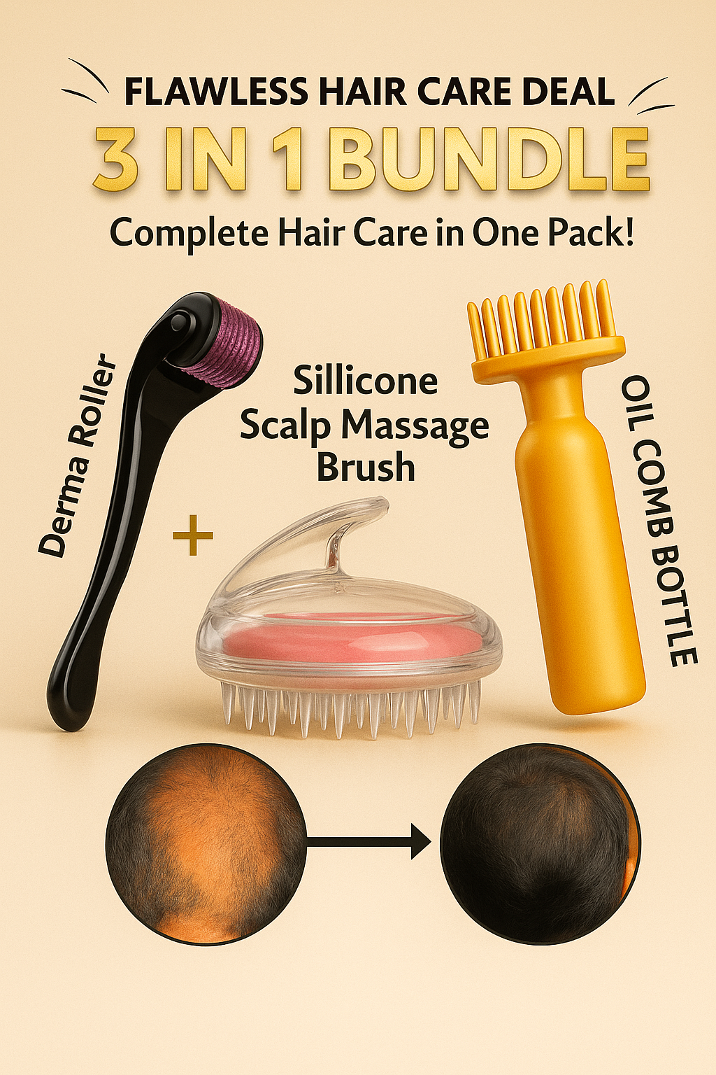 Flawless Hair Growth Kit – 3-in-1 Derma Roller, Scalp Massage Brush & Oil Applicator